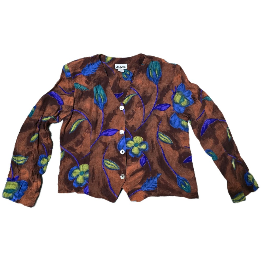 Rust/Blue Floral Print Button Front Long Sleeve Blouse Top, Tie back, pretty (i)